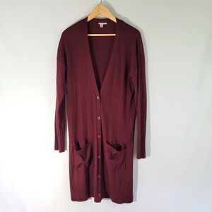 Halogen Women Burgundy Merino Wool Blend Long Cardigan Sz XL Button Front Pocket